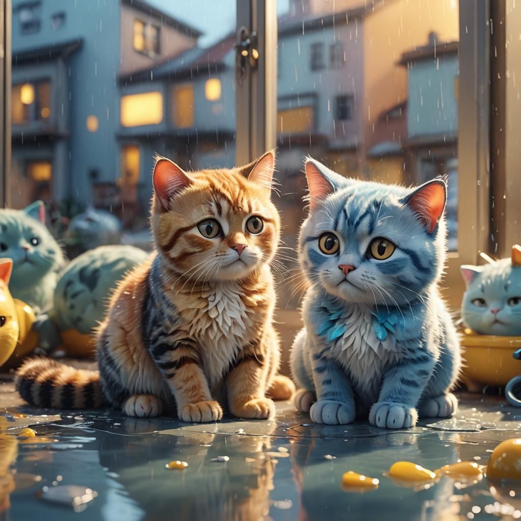 Sad Cat Family in Pixar-Style 3D Digital Art