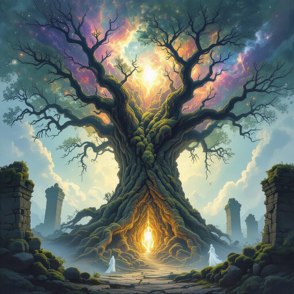 Ancient Tree Roots in Ruined Civilization Under Nebula Sky