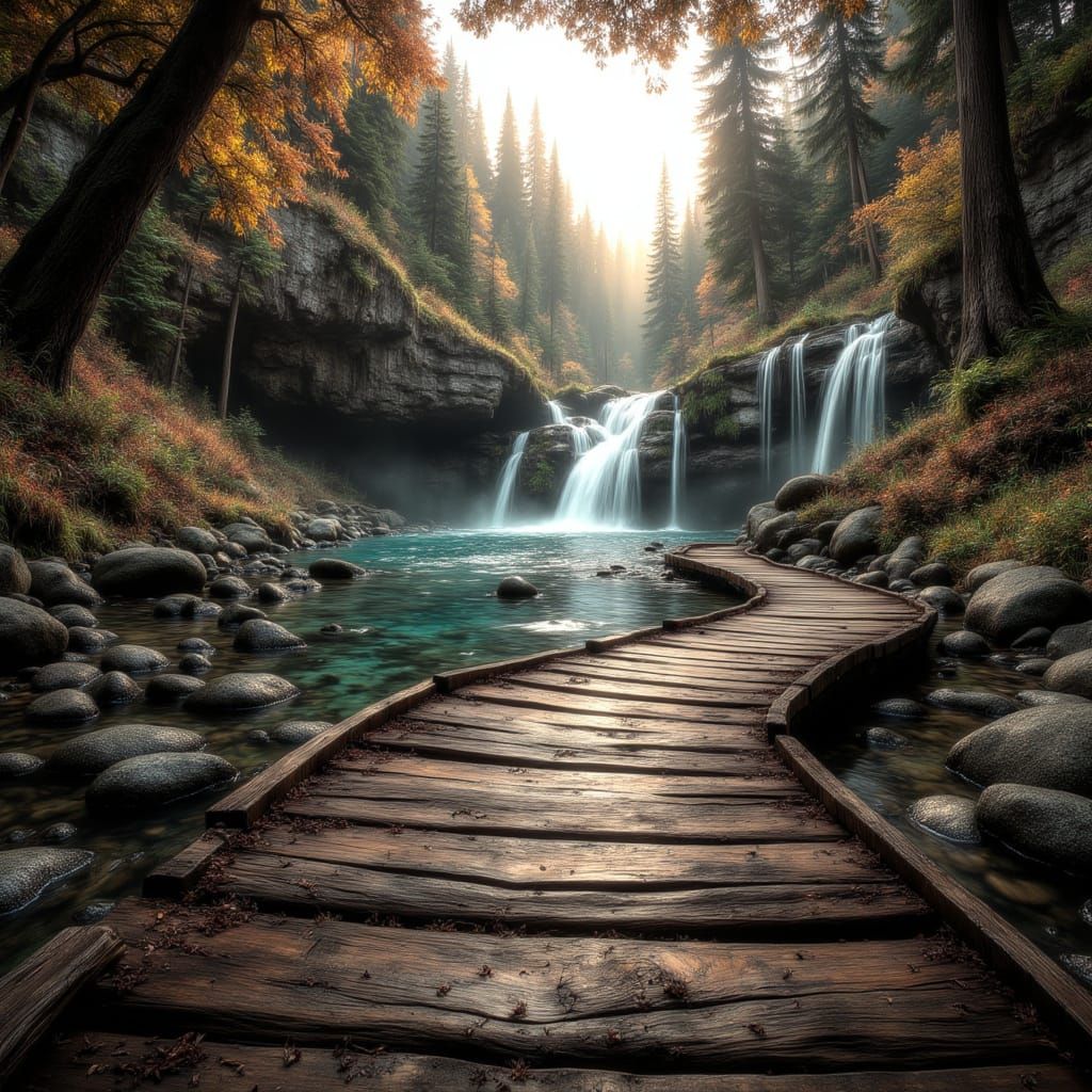Weathered Boardwalk Bridge Over Cascading Waterfalls
