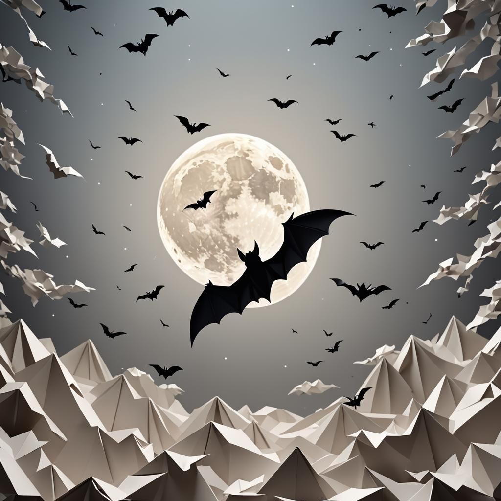 Bat Silhouette Flying Under Full Moon in Origami Style
