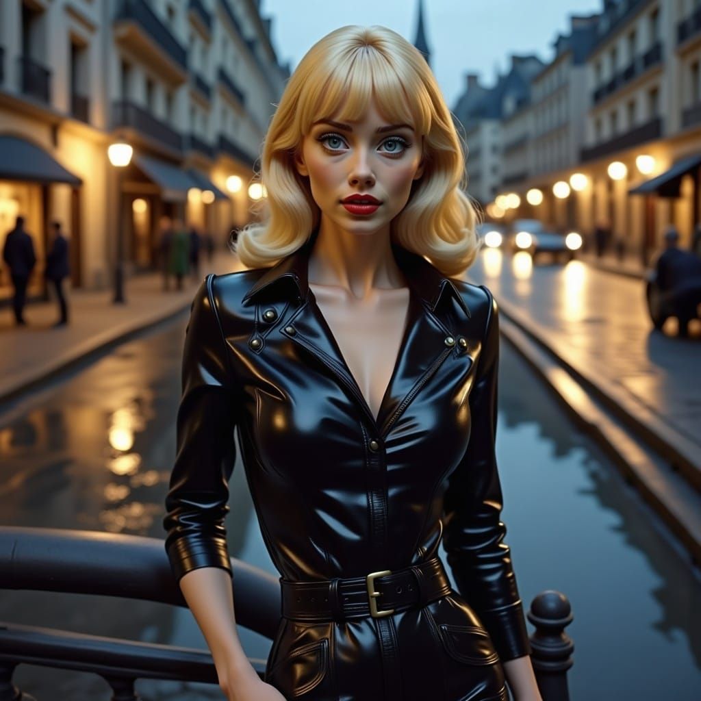 Majestic French Woman in PVC Latex Leather Trench Coat, Pari...