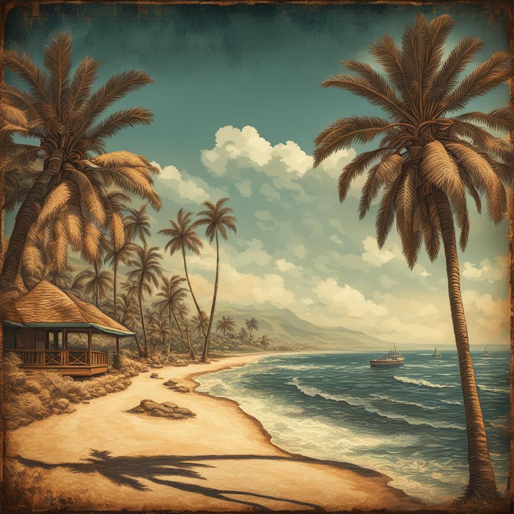 Vintage Travel Poster: Beach with Palm Trees