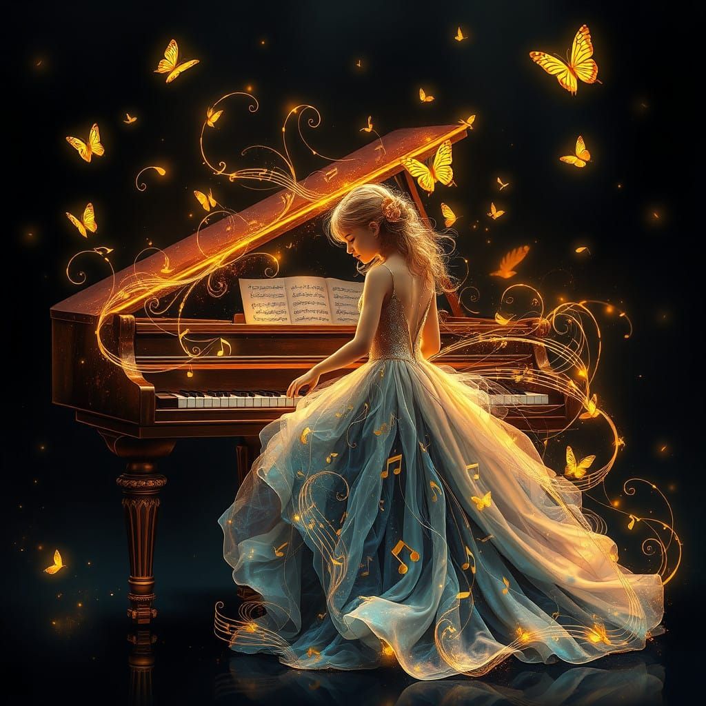 Majestic Girl in Iridescent Musical Gown Plays Elegant Piano...