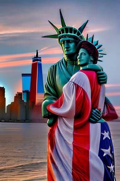 Statue of Liberty and Uncle Sam Embrace