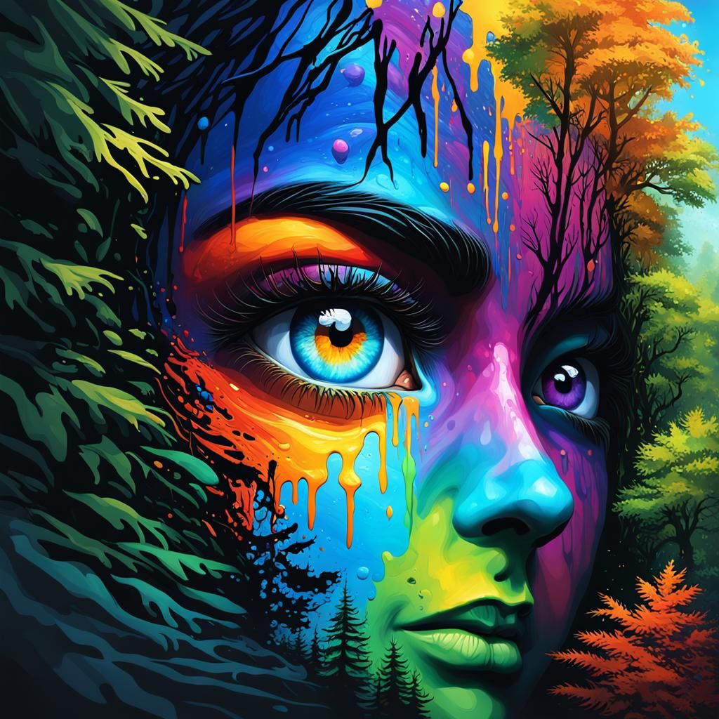 Intricate Face in Forest, Hyperrealistic Splash Art