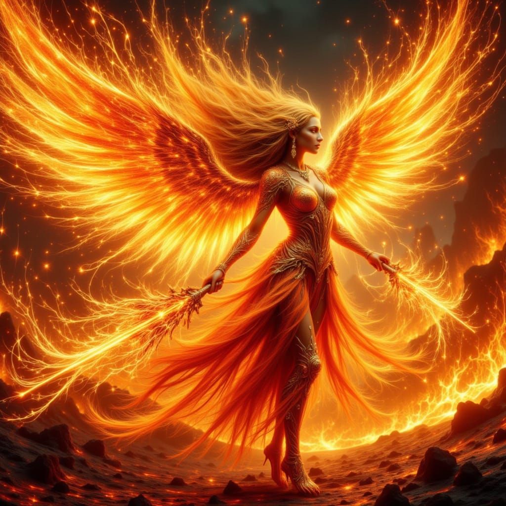 Majestic Flame Angel in Art Nouveau Style