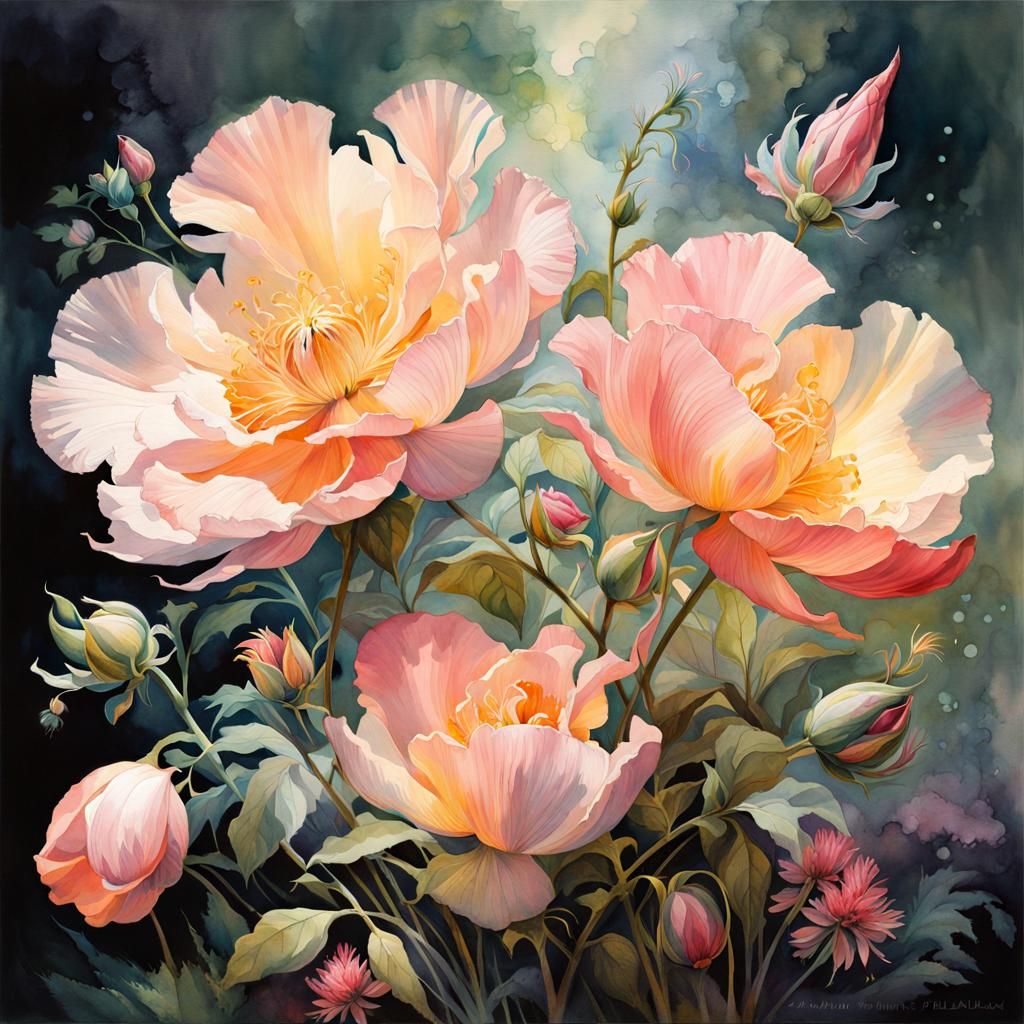 Botanical Flower Print in Watercolor Art Deco Style