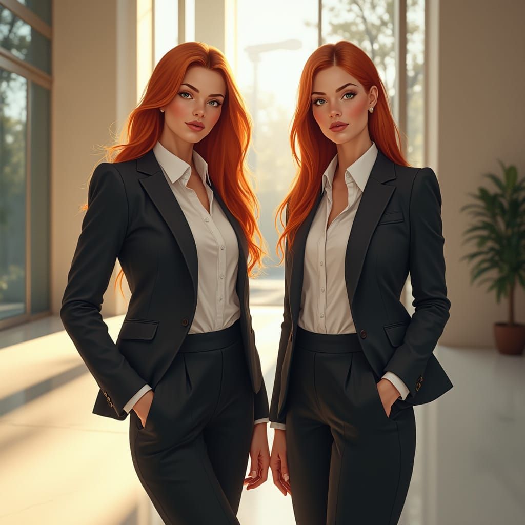 Confident Redhead Women in Office Lobby, Photorealistic Styl...