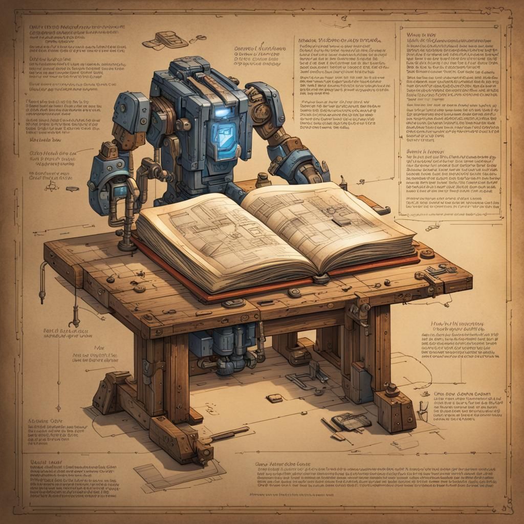 Blueprints of a Giant Mecha in Workshop