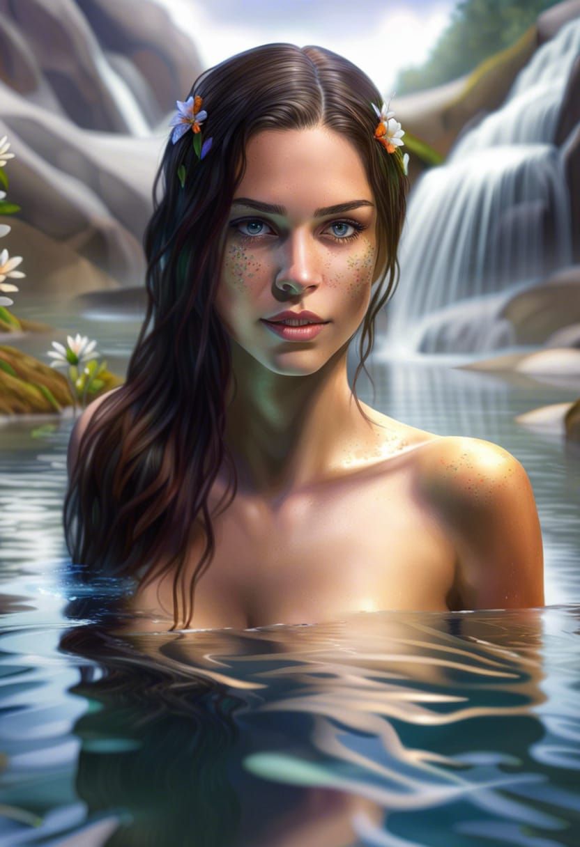 Pretty brunette bathing in a woodland clearing by a waterfall