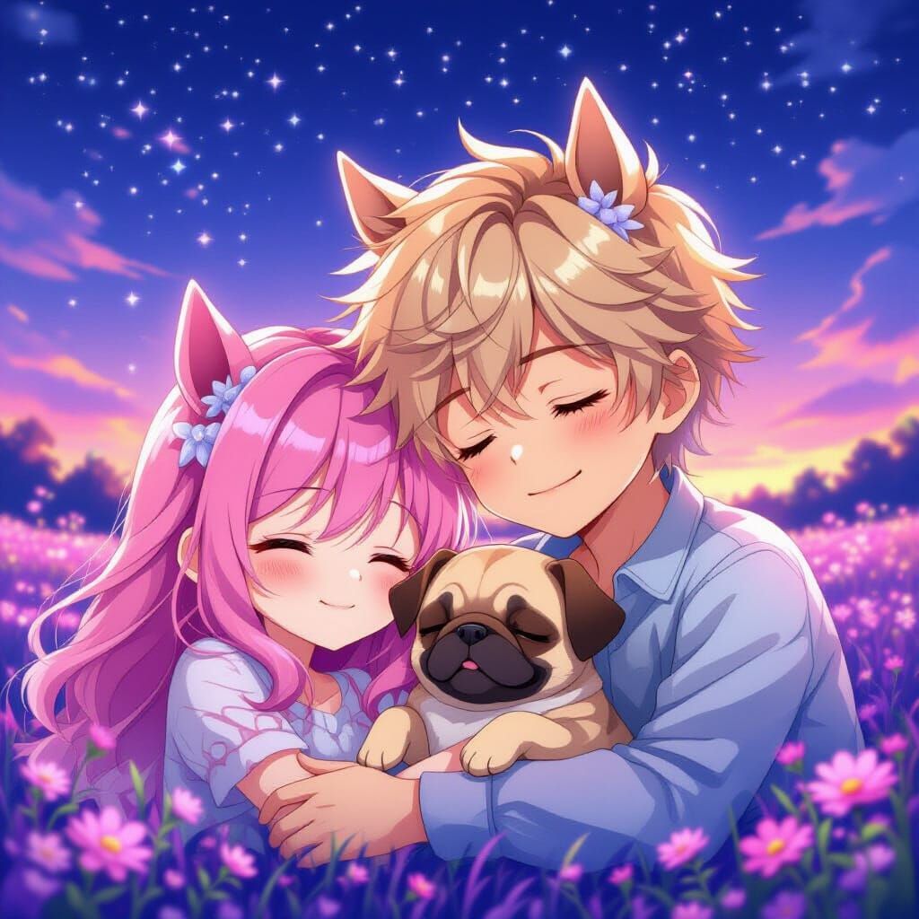 Anime Couple Sleeps in Vibrant Landscape with Starry Sky