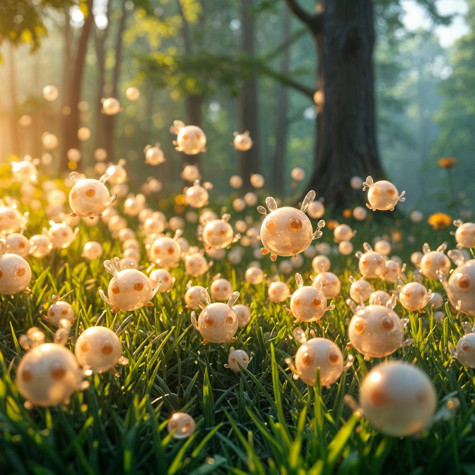 Slime Creatures Frolic in Shiny Forest: 3D Anime Art