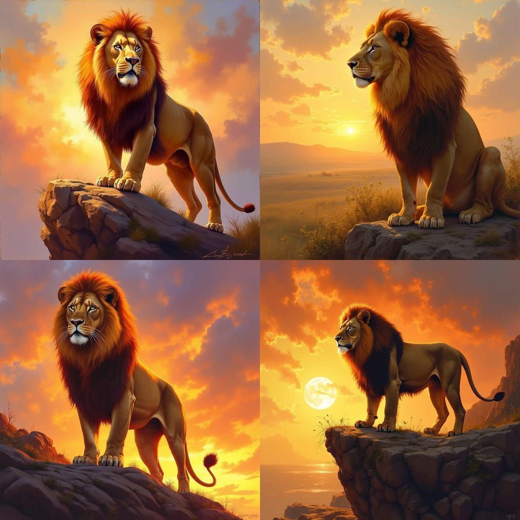 Lion with Fiery Mane at Sunset: Oil Painting