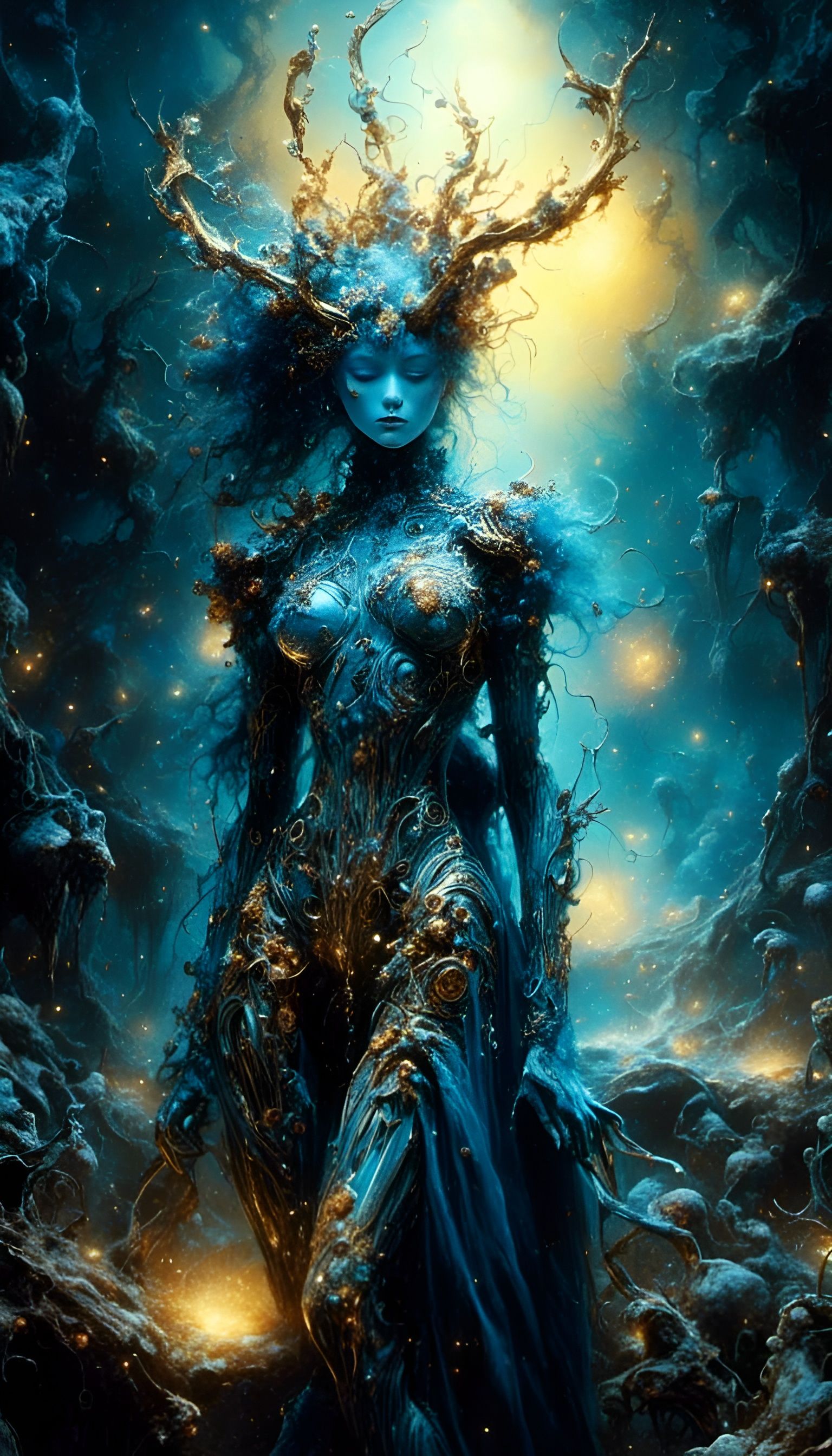 Fantasy Beast Woman in Holographic Cityscape