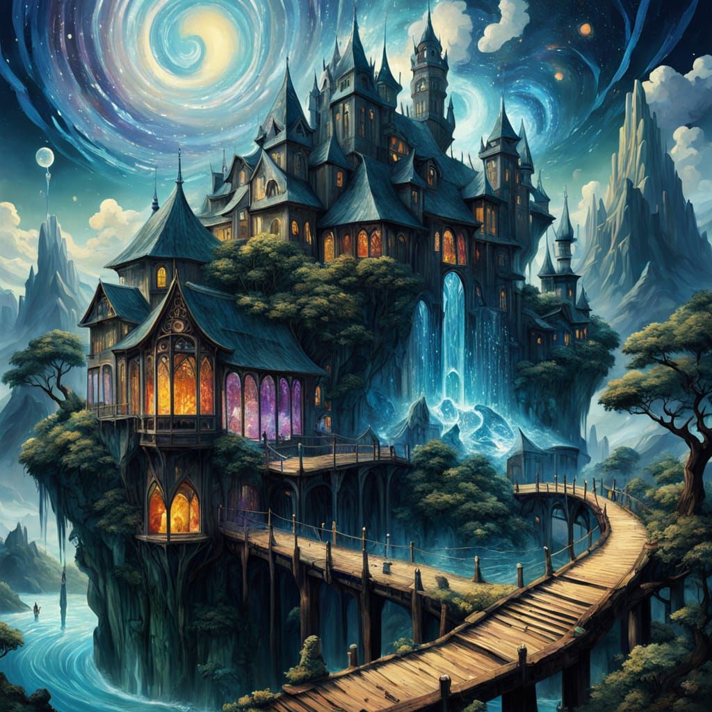 Ethereal Landscape with Crystal Buildings in Surreal Style