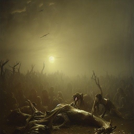 Zombies Devouring a Deer in Dark Horror Style