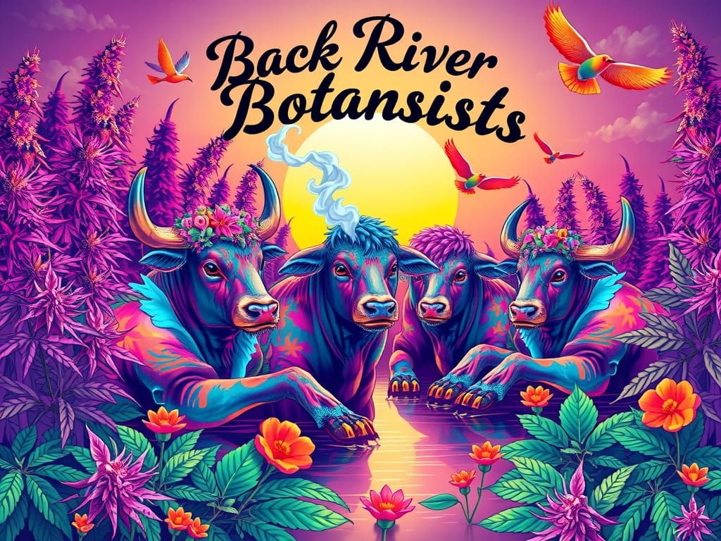 Psychedelic Bulls Smoking Cannabis in a Marsh