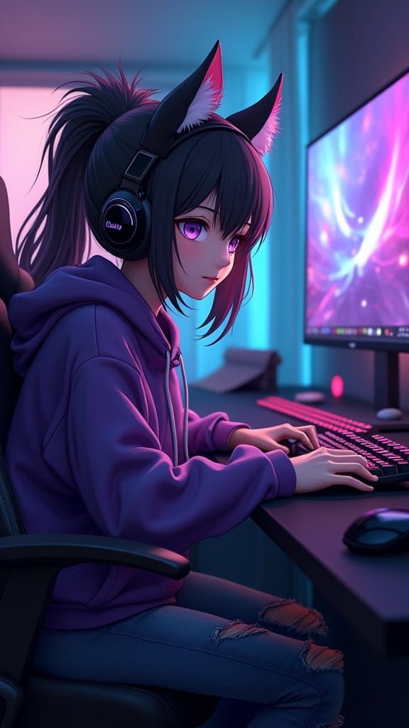 Wolf Girl Gamer in Neon Lit Gaming Lair