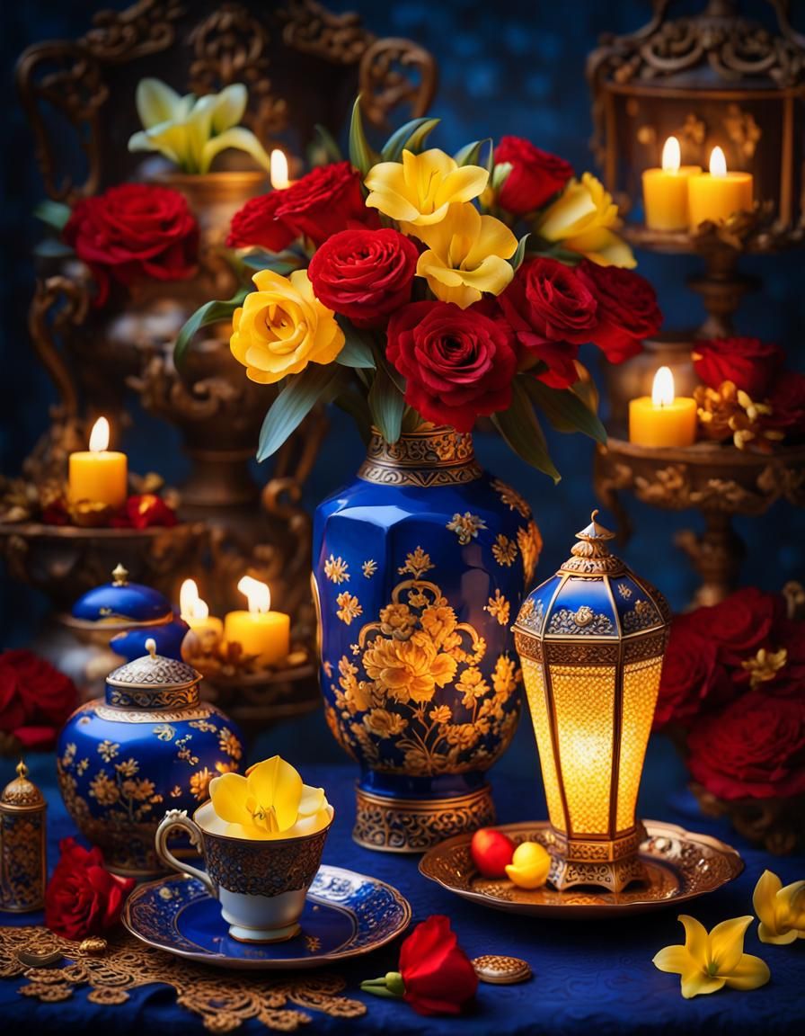 Ornate Floral Arrangement with Asian Lanterns