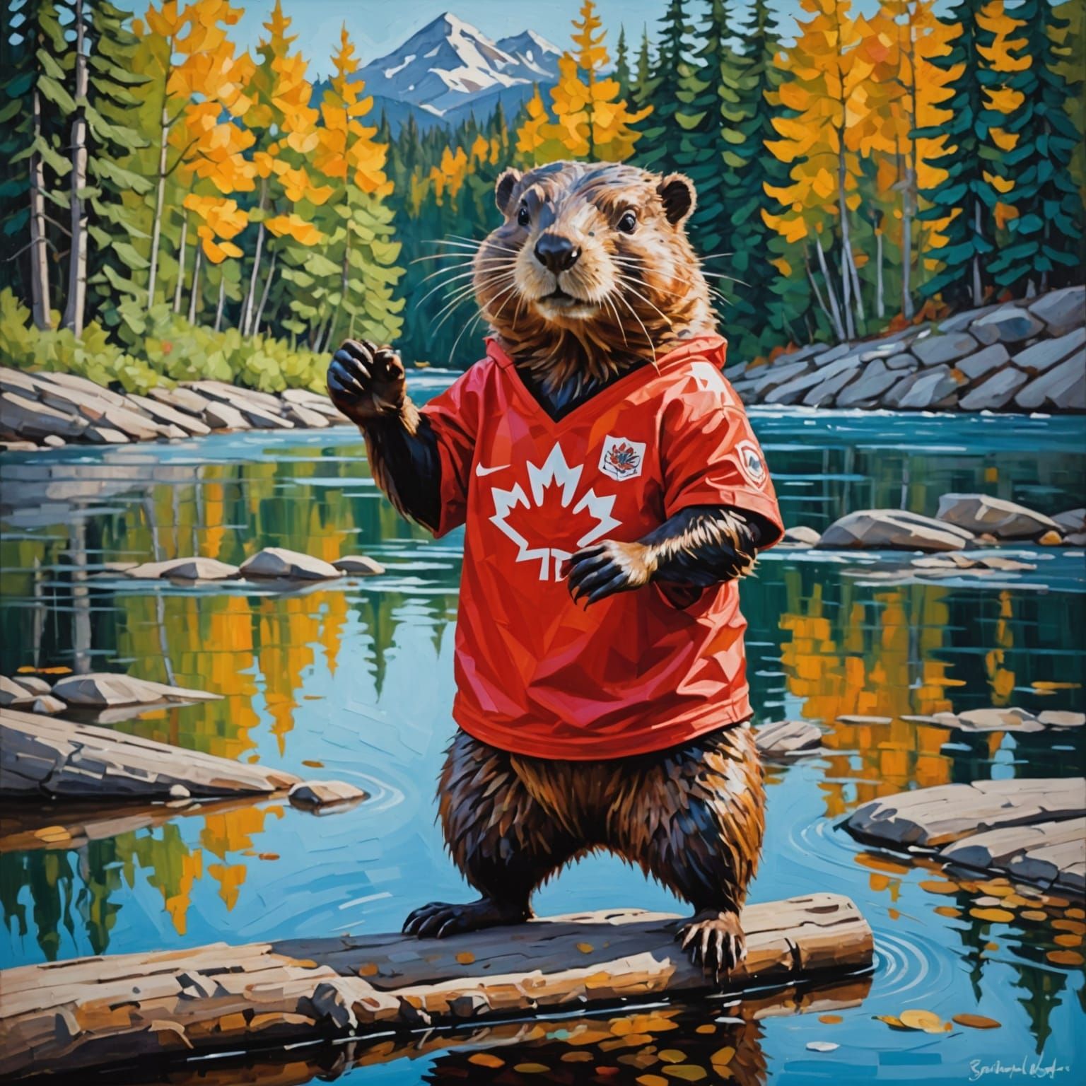 A beaver wearing a Team Canada shirt with “elbows up”