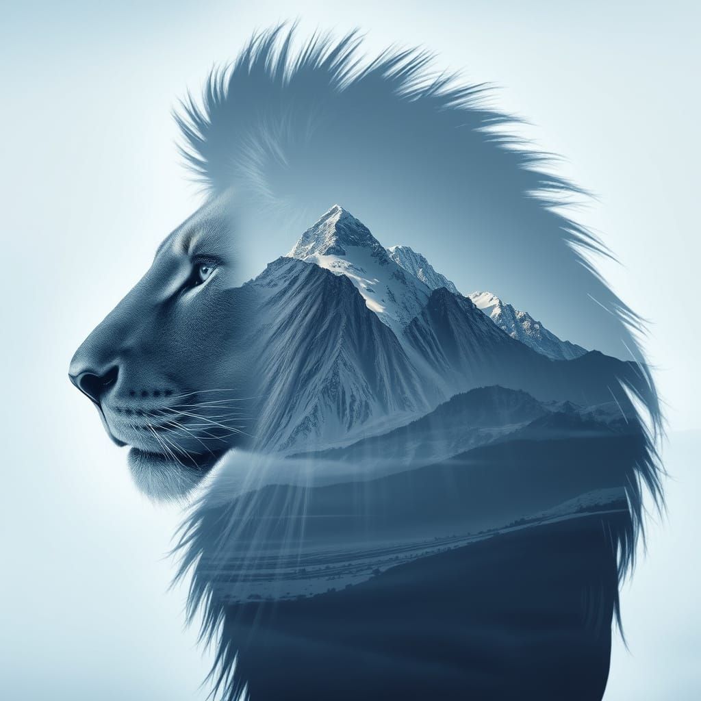Lion Silhouette with Snowy Mountains, Surreal Cinematic Ligh...