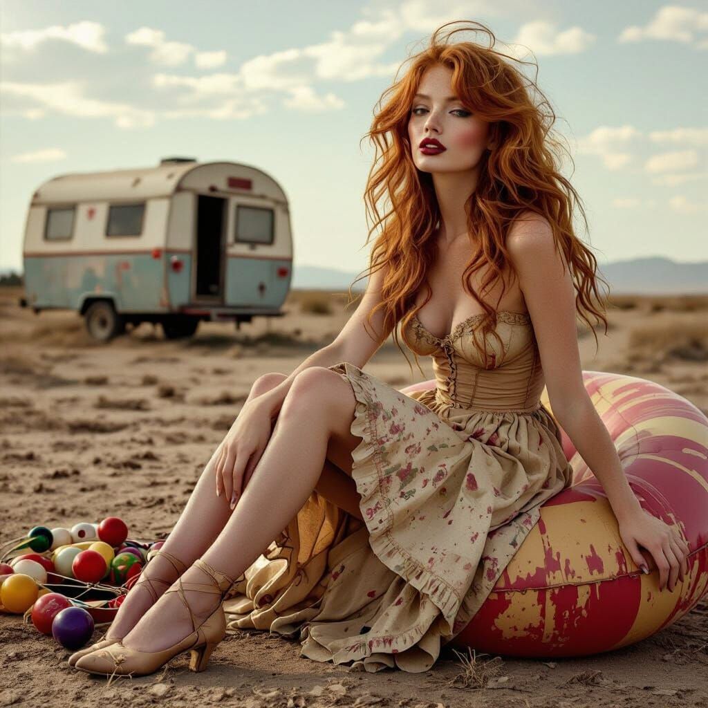 Redhead Woman Juggler in Wasteland, Vintage Sepia Tone