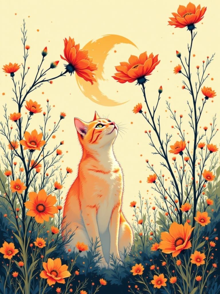 Adorable Cat Under Tall Flower With Flickering Lights