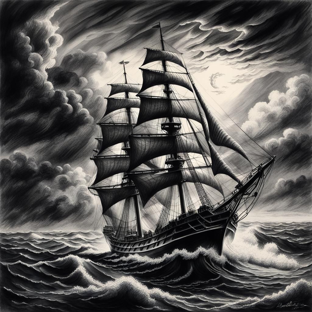 Large Sailing Ship on Rough Seas: Charcoal Drawing