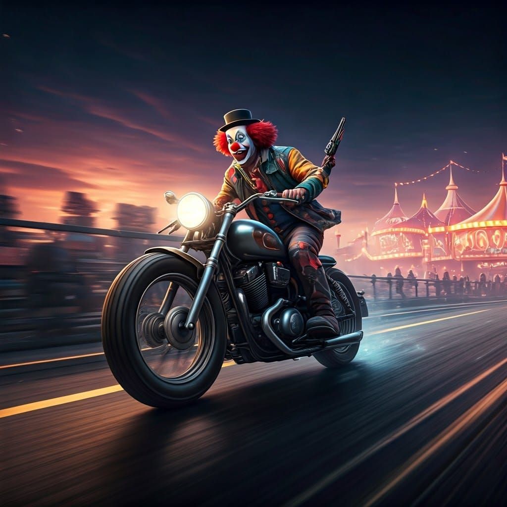 Clown on Motorcycle with Gun in Neon Carnival