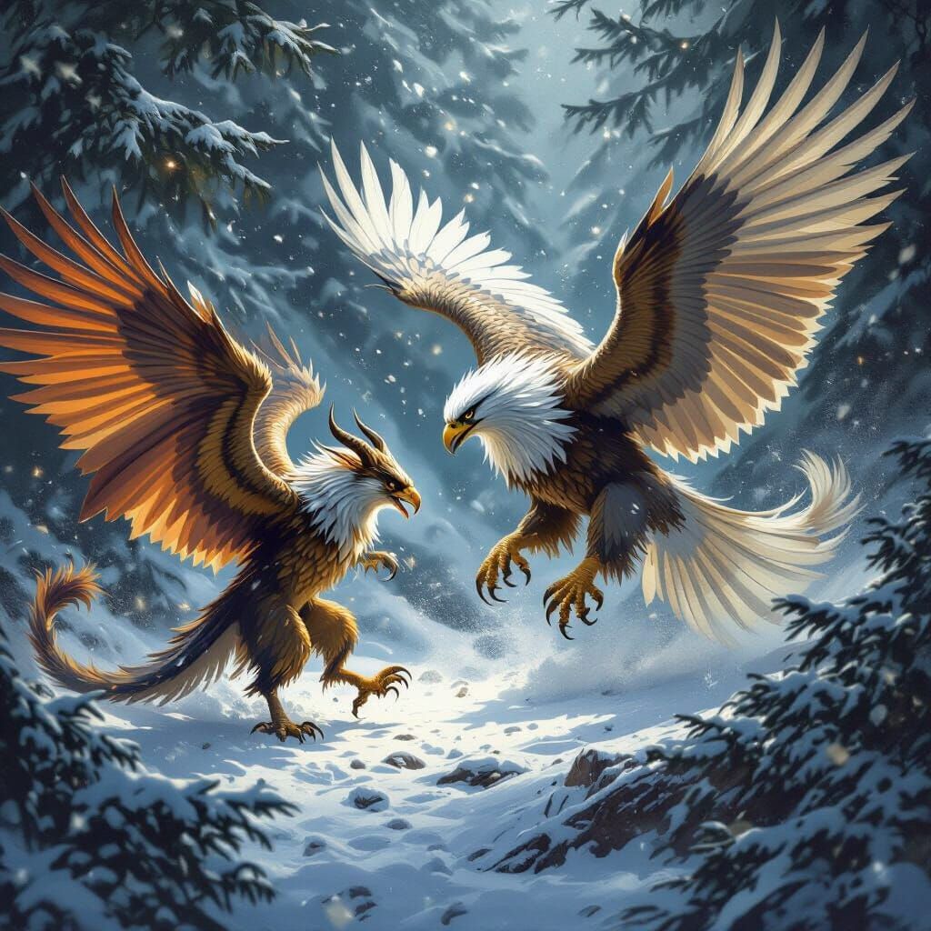 Miniature Wyvern Battles Gryphon in Snowy Forest