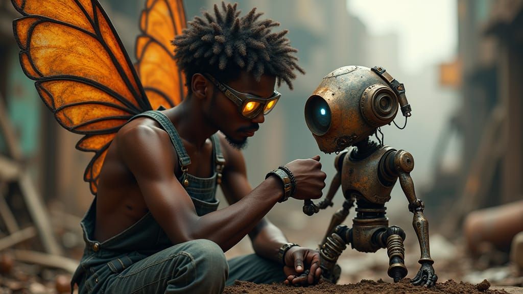 Steampunk Fairy Mechanic Tinkering With Robot