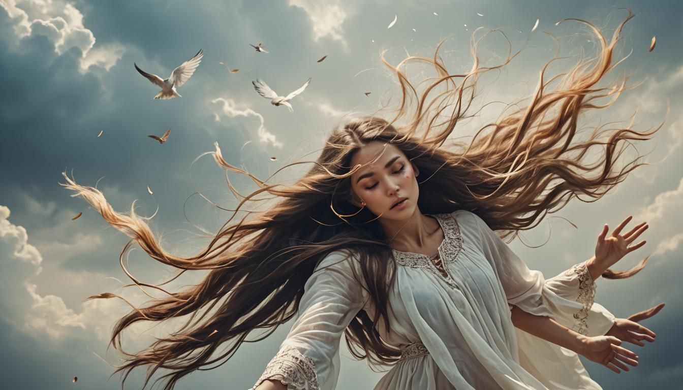 Ethereal Girl in Flight: A Vision of Serenity