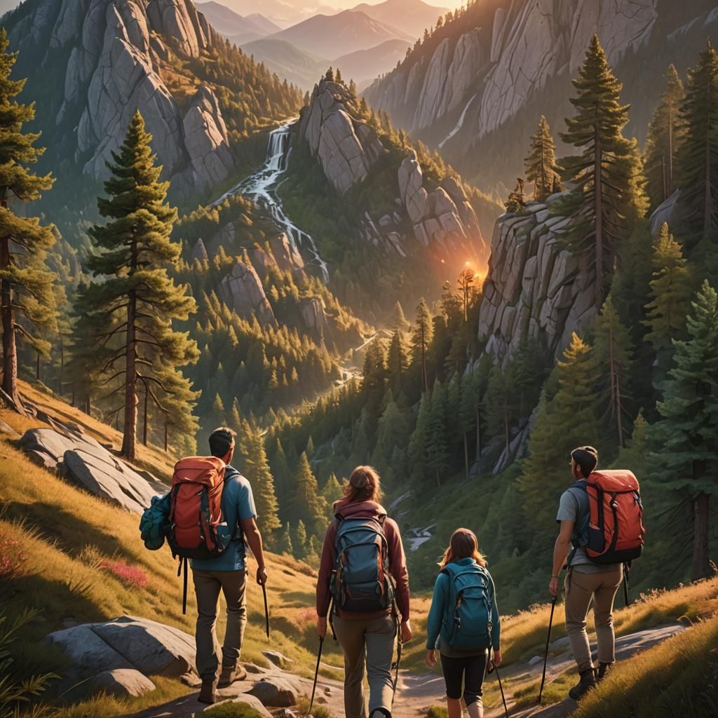 Family Hiking Toward Mountain at Sunset