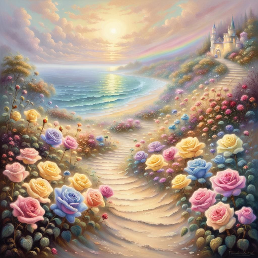 Rainbow Roses Path to Sea: Ethereal Fantasy Art