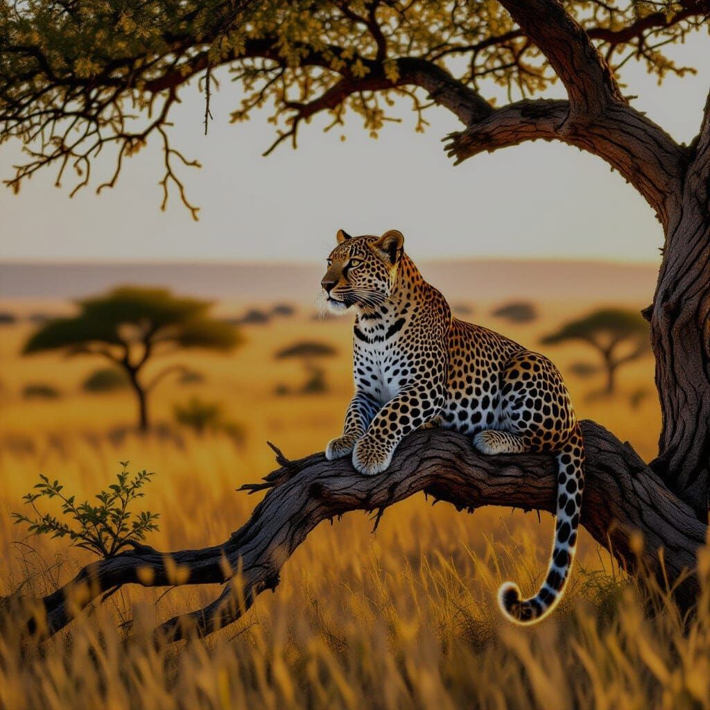 Leopard Hunting on Savannah at Golden Hour