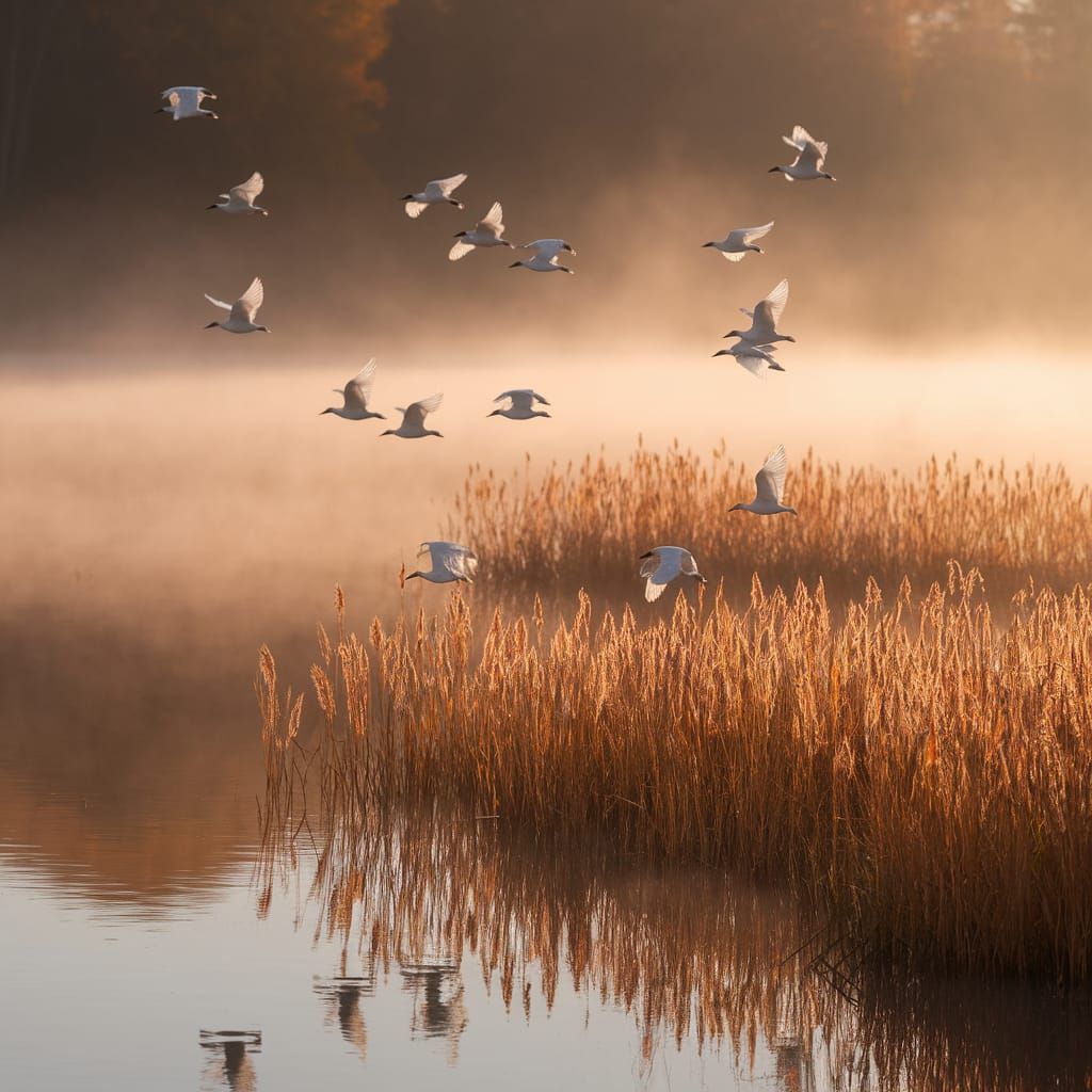 Serene Autumn Dawn Scene in Golden Light