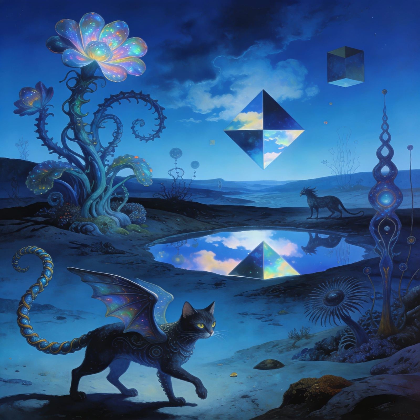 Surreal Azure Landscape with Mystical Creatures