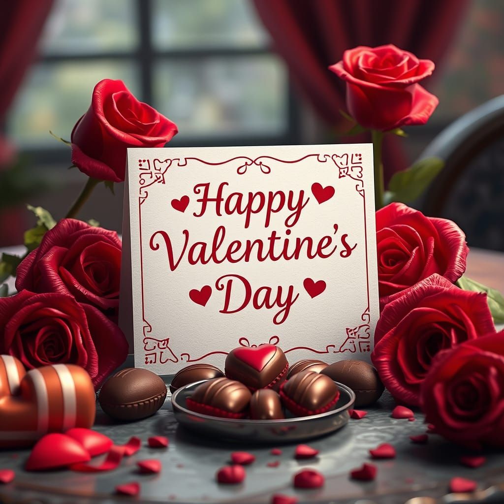 Whimsical Valentine's Day Card Scene in Vibrant Fantasy Styl...