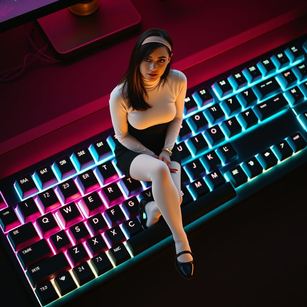 Athletic Brunette in Neon-Lit Futuristic Scene