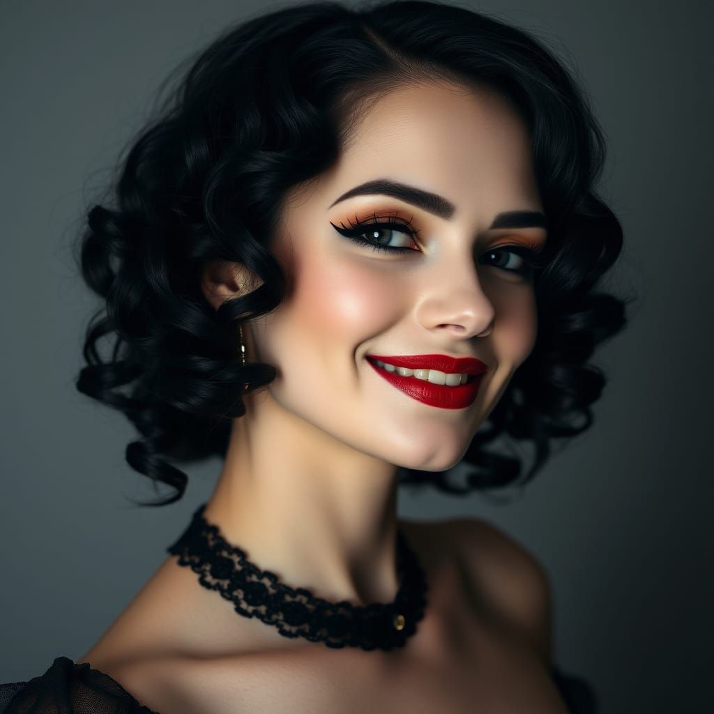 Elegant Woman in Black Choker and Dress, Close-Up Portrait w...