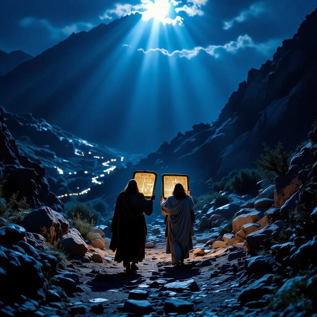 Moses Descends Mount Sinai with Ten Commandments