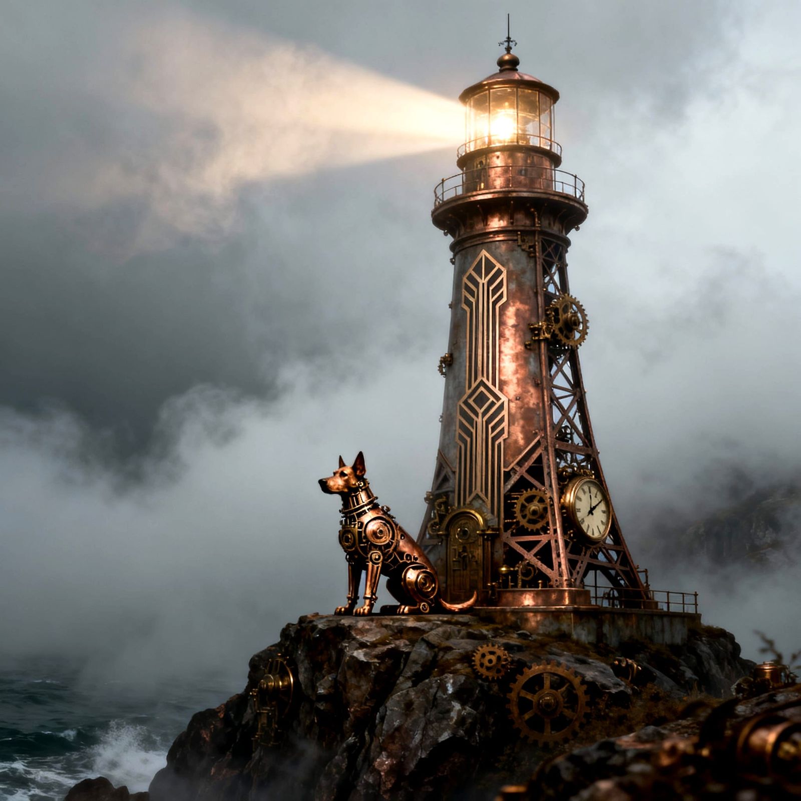Steampunk Lighthouse in Fog with Mechanical Dog