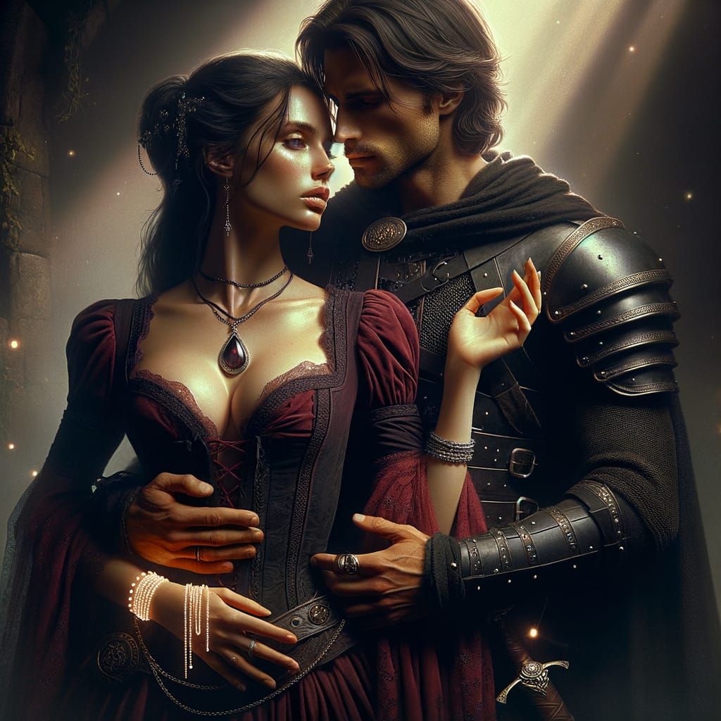 Medieval Warriors Embrace in Shadowy Fantasy