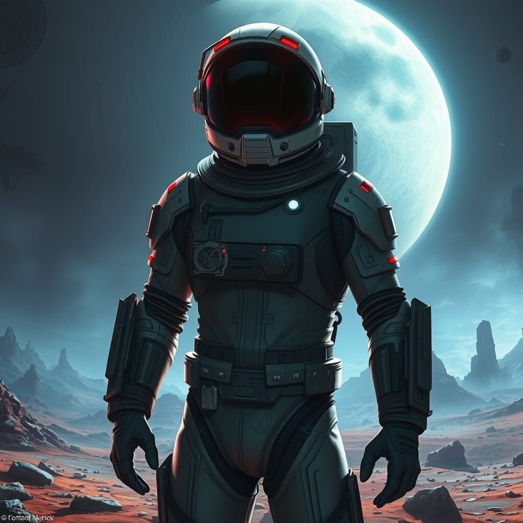 Space Explorer on Alien Planet in Biomechanical Style