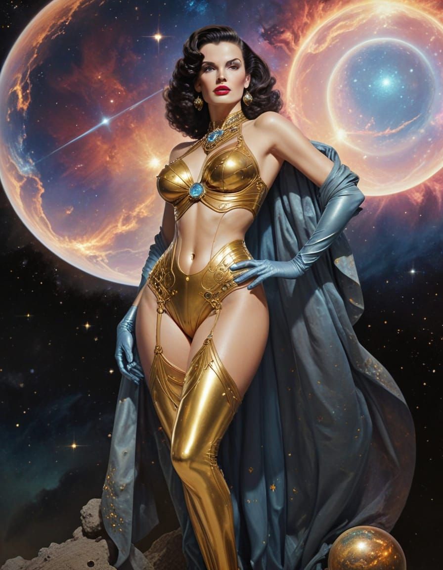 Retro Science Fiction Space Princess in Breathtaking Celesti...