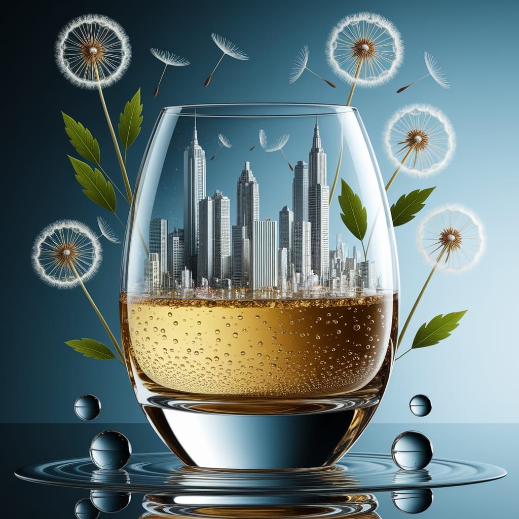 Dandelion Cityscape in Wine Glass: Oil Painting