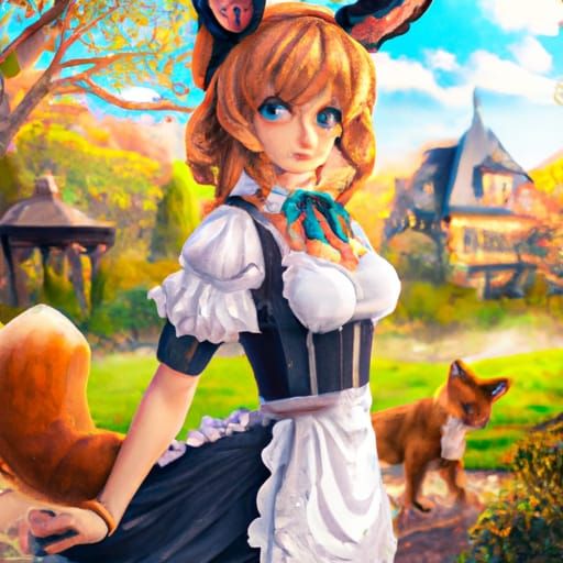 Fox Girl Maid in Park, Art Nouveau Portrait