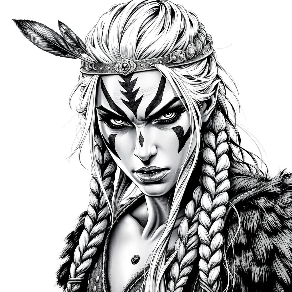 Fierce Viking Warrior Woman in Dramatic Black and White Illu...