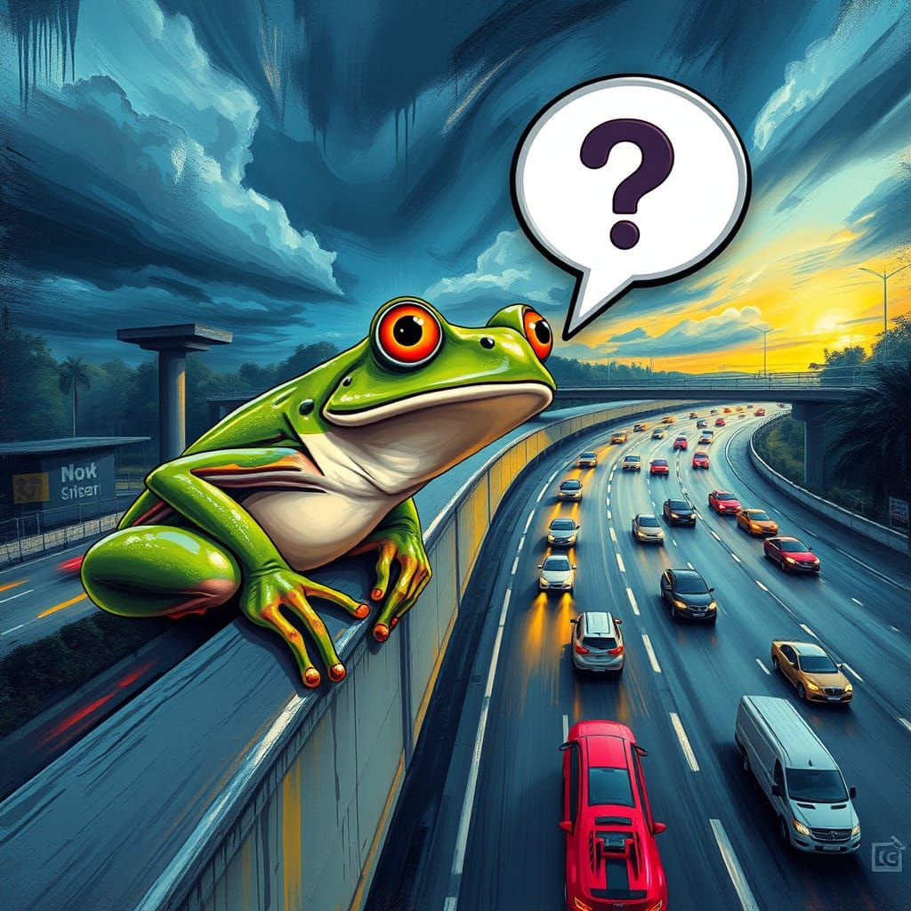 Surprised Frog Over Highway in Cartoon Graffiti Style