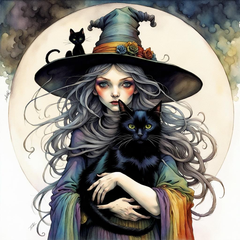 Rainbow Witch with Black Cat in Fantasy Art